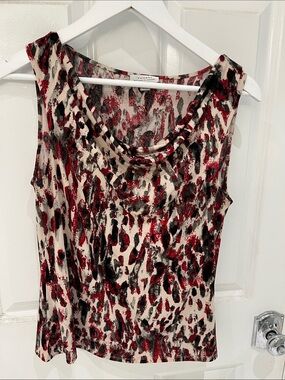 Tahari Red, Black & Cream Sleeveless Printed Cowl Neck Top